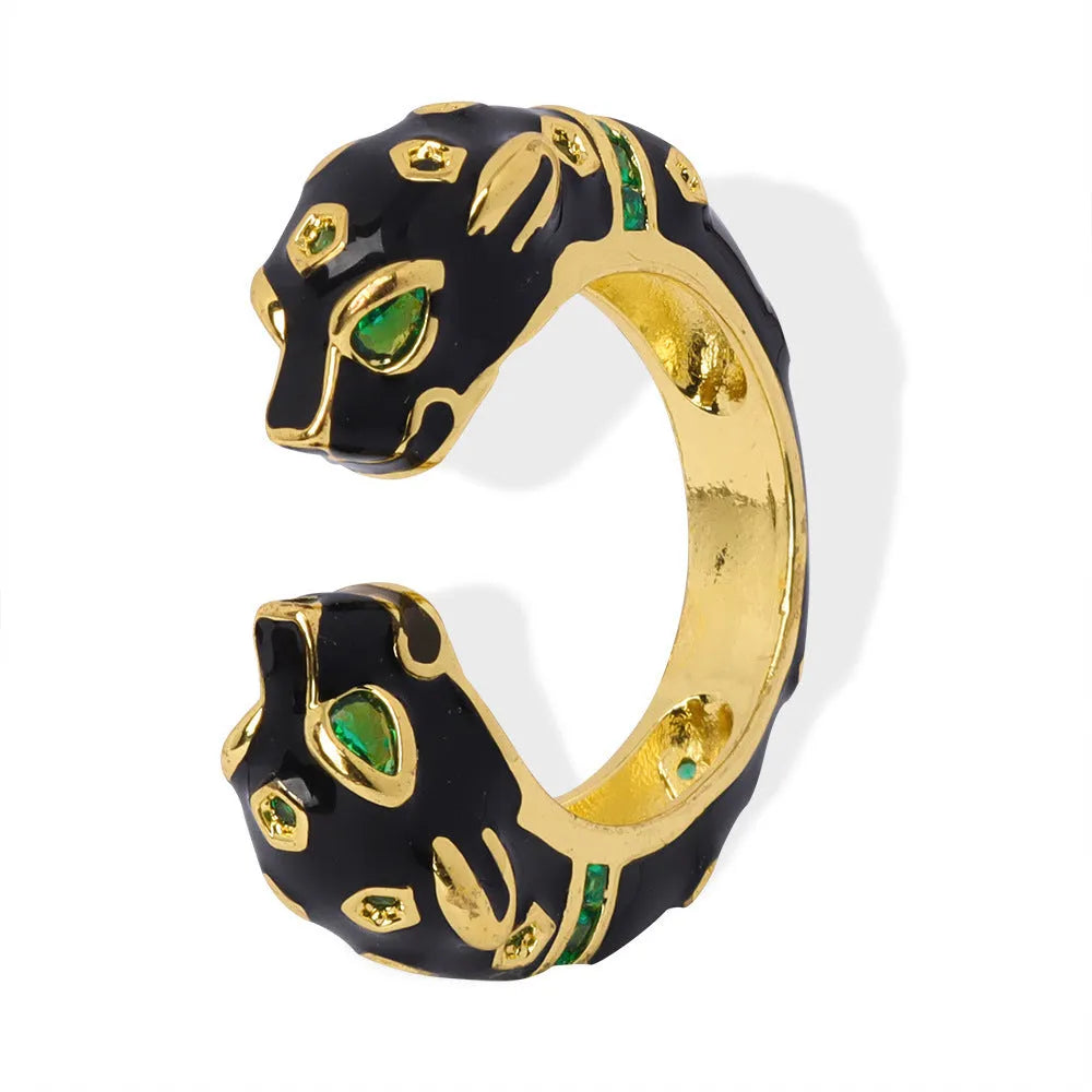 Women's geometric open ring with black cheetah print pattern on electroplated copper, size no.7