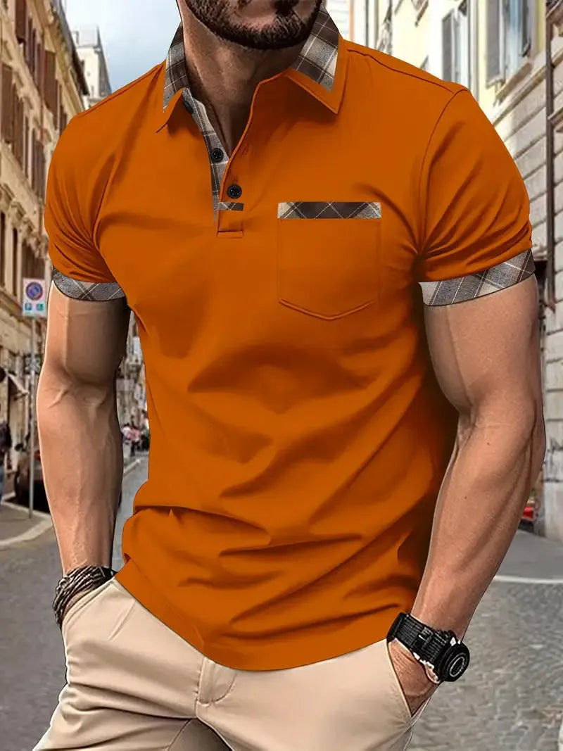 Men's plaid colourblock T-shirt with zip decorations in loose fit style