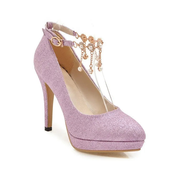 Blue women's platform high heel with stiletto heel and pointed toe on a plain background.