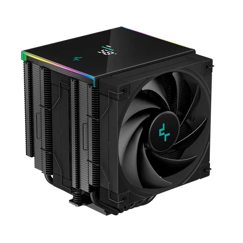 Twin tower black CPU air cooler with fans and a digital temperature display on front.