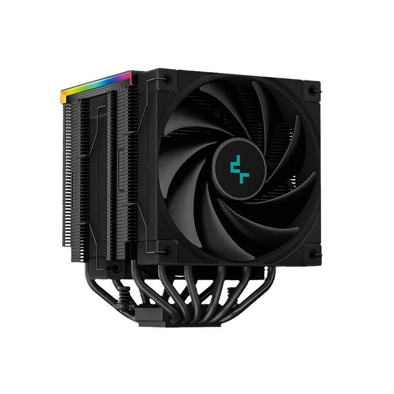 Twin tower black CPU air cooler with fans and a digital temperature display on front.