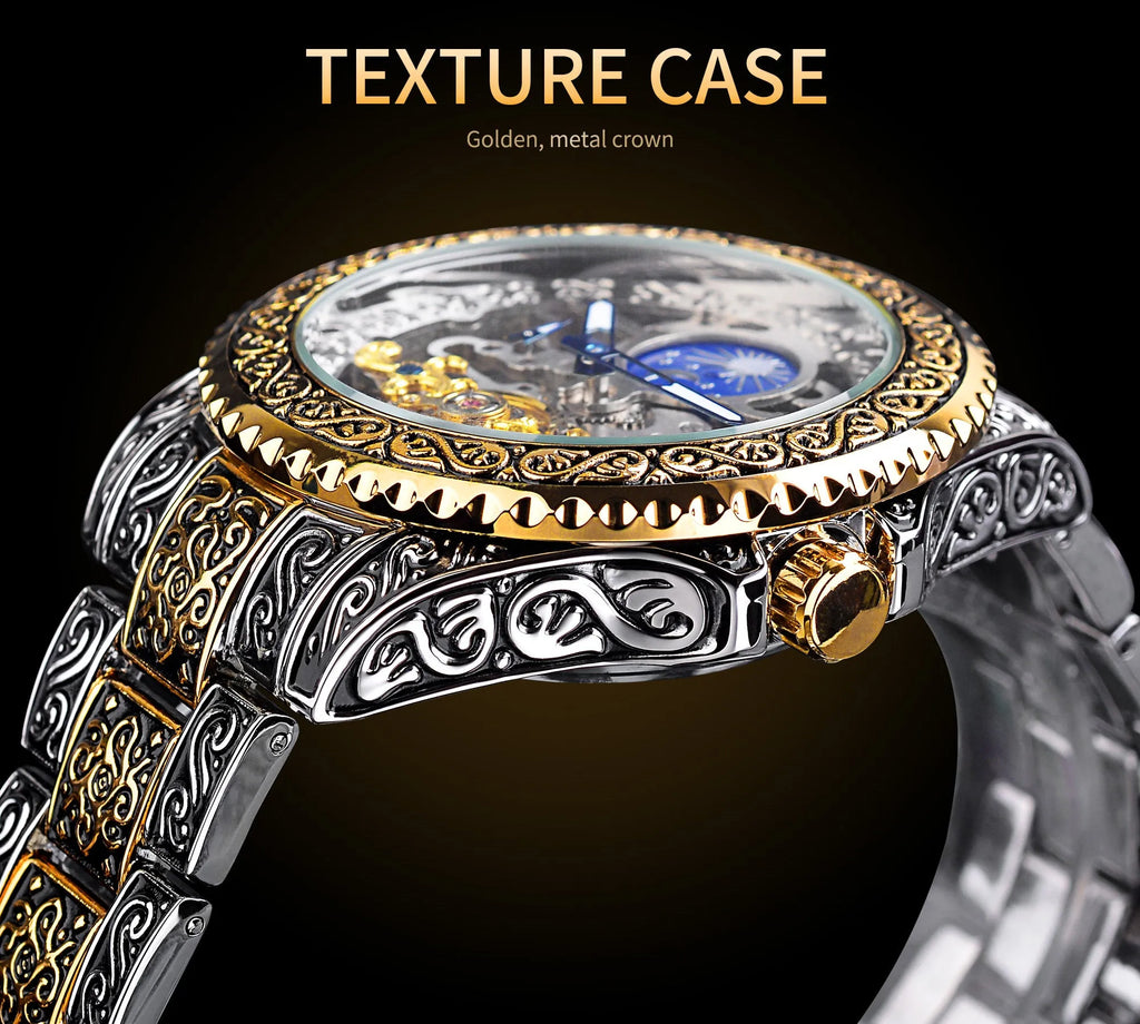 Yellow Forsining skeleton tourbillon mechanical watch with stainless steel case and band