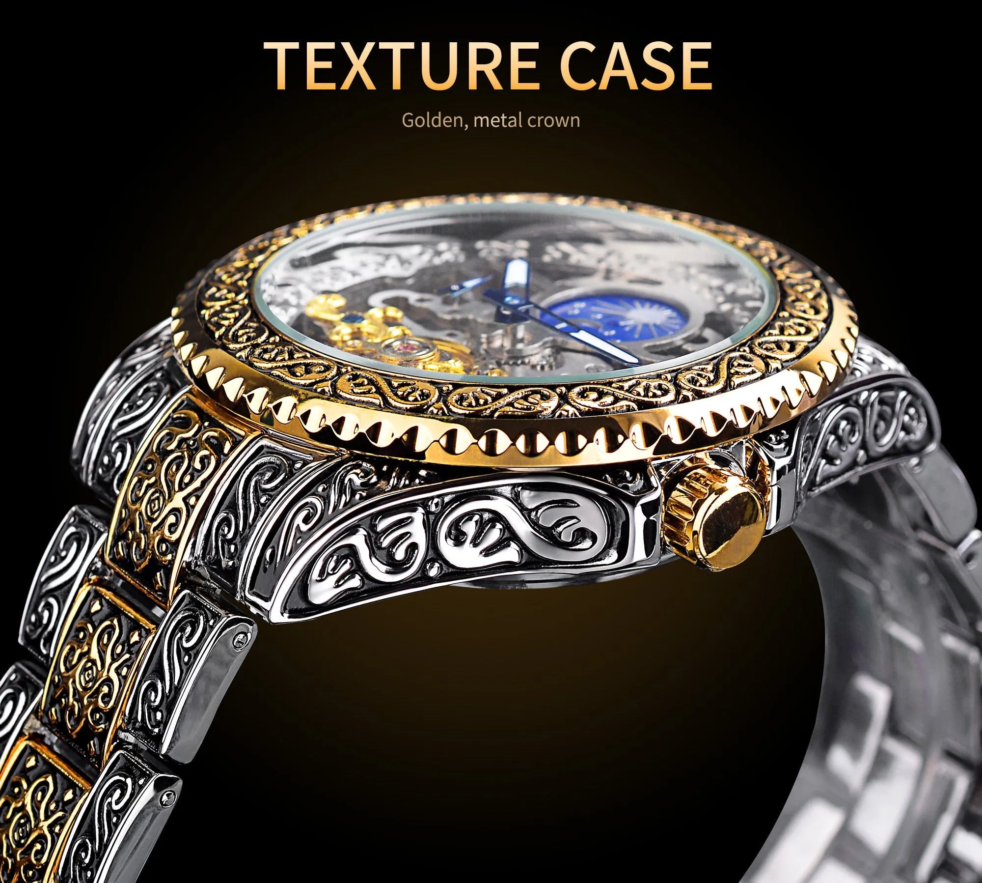 Yellow Forsining skeleton tourbillon mechanical watch with stainless steel case and band