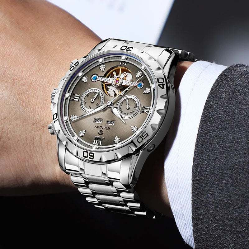 Men's automatic mechanical watch with stainless steel strap and mineral glass lens in silver case blue surface colour