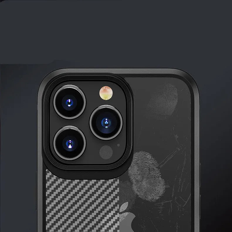 Anti-fall protective phone case for iPhone 13 in black with carbon fibre pattern detailing