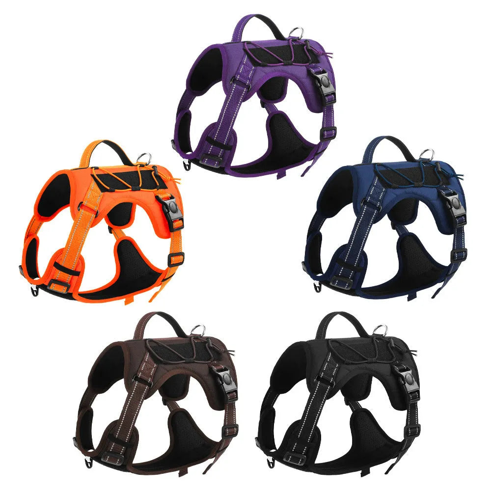 Orange reflective dog harness with a black integrated hand-holding rope, showing size adjustment straps.
