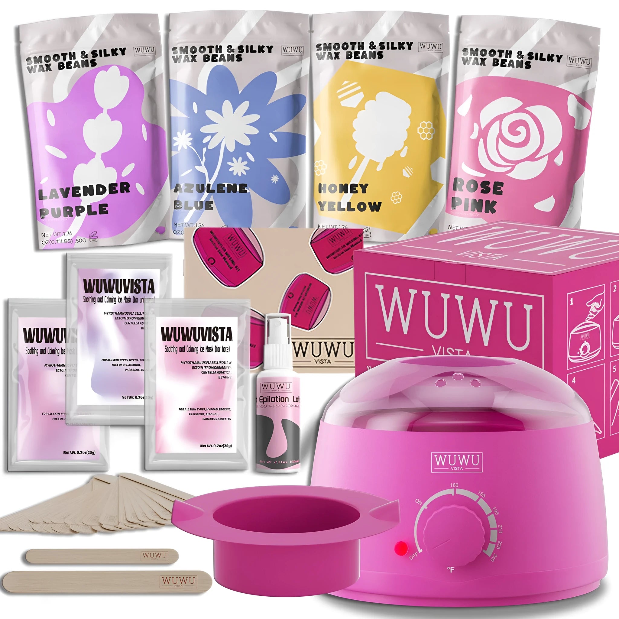 WUWUVISTA 29-piece hard wax hair removal kit with black warmer, wax beads, sticks, and aftercare products