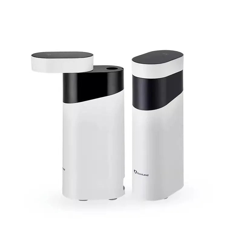 Black or green small instant water dispenser with digital display on a desktop.