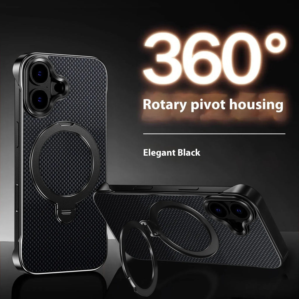 Aramid fibre frameless phone case with bracket and magnetic suction for iPhone 14 15 16 17 series in black