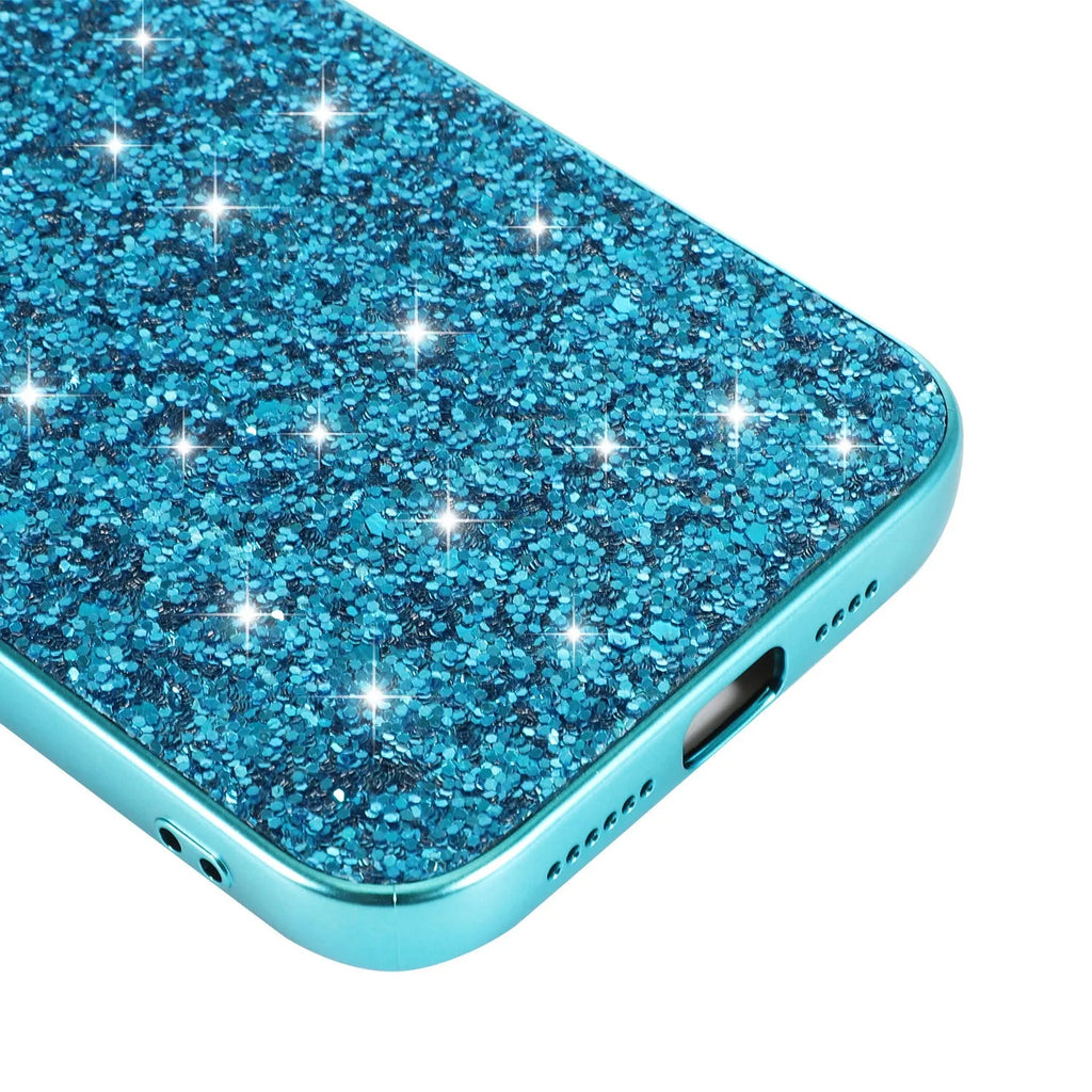 TPU shockproof phone case with sequins veneer and bracket for iPhone, available in black and rose gold colours