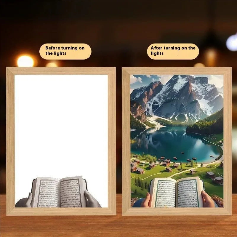 Modern rectangular LED photo frame displaying changeable sea scene artwork with built-in illumination