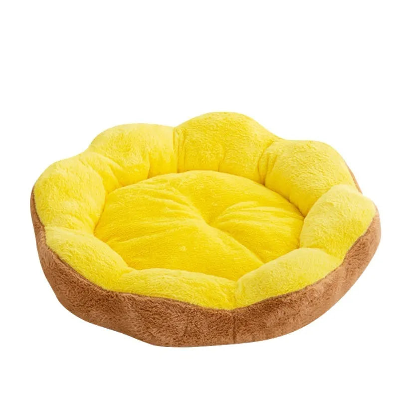 A thick round rabbit plush cat bed with a removable washable cover, shown in a brown grey colour.