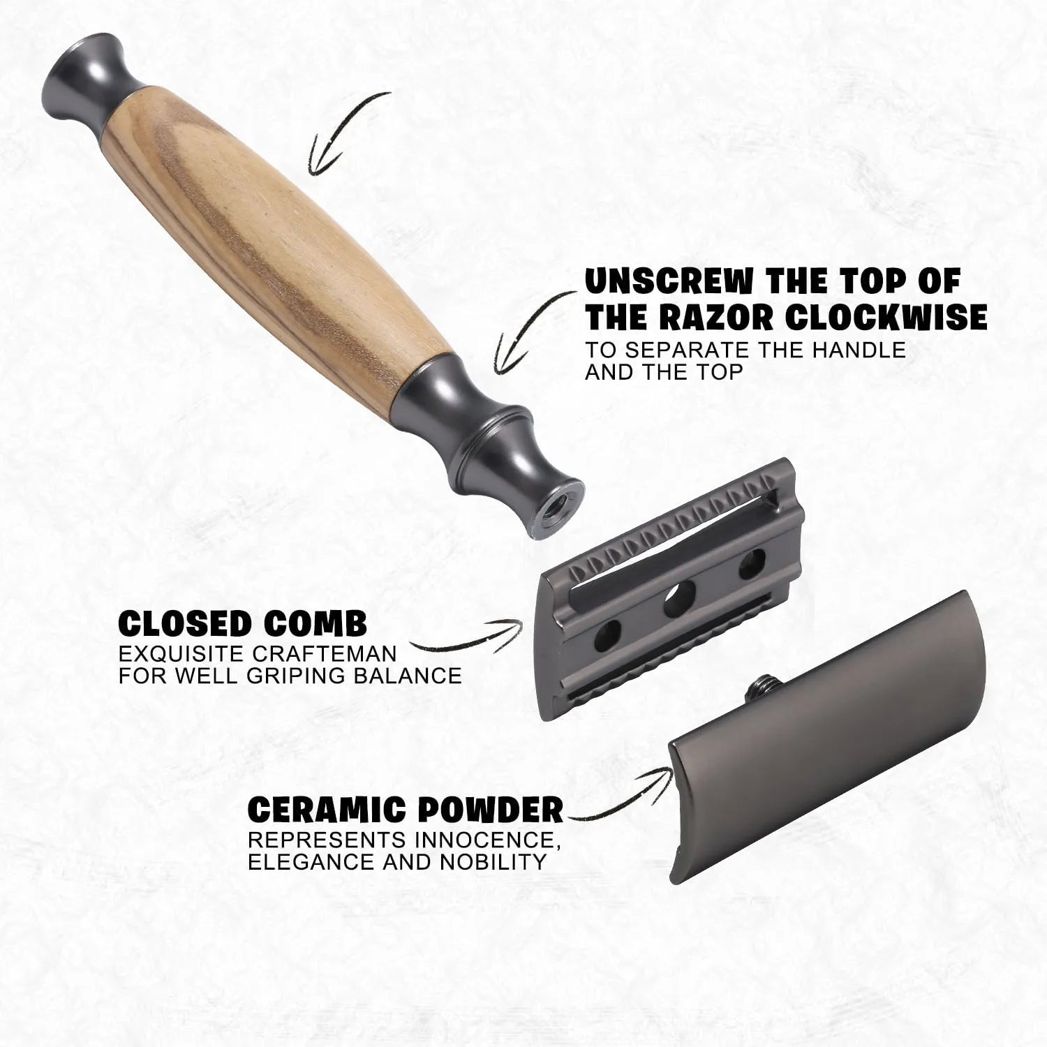 Traditional copper manual shaving razor with olive wood handle and included blades