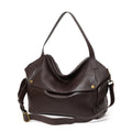 Brown genuine leather women's commuter shoulder bag with horizontal square shape and internal zipper organisation