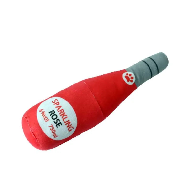 Plush wine bottle shaped dog toy in assorted colours including green, orange, red, black, coffee and white