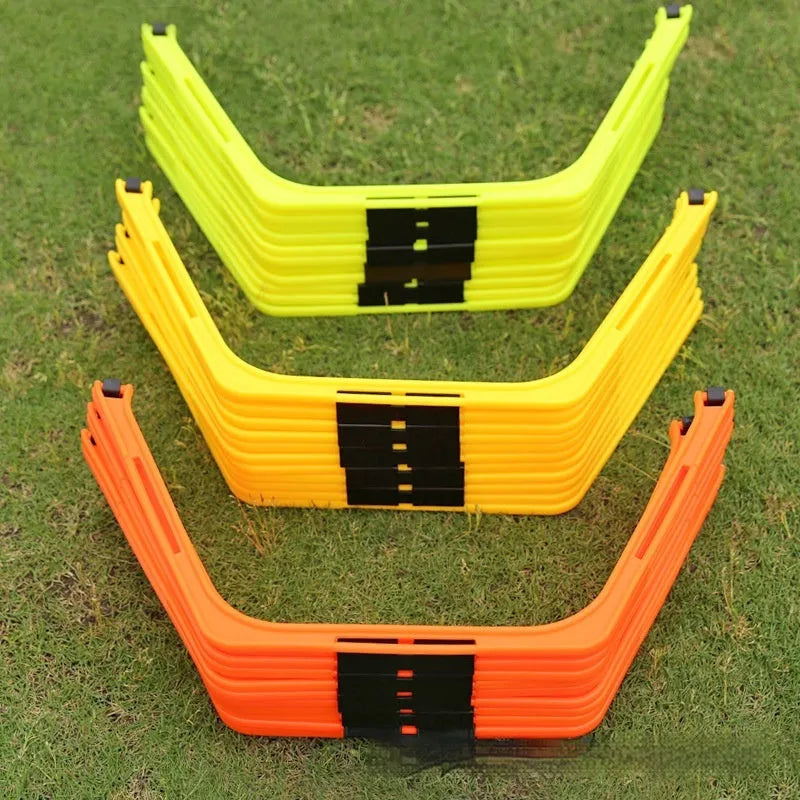 Set of six foldable hexagon football agility training rings in yellow, green, and orange colours