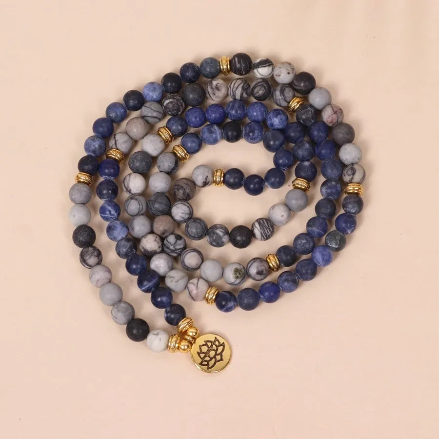 Blue patterned network stone bead multi-layer bracelet with alloy metal chain links