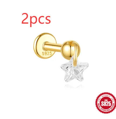 S925 sterling silver geometric moon and star earrings with embedded diamond detailing in gold tone finish