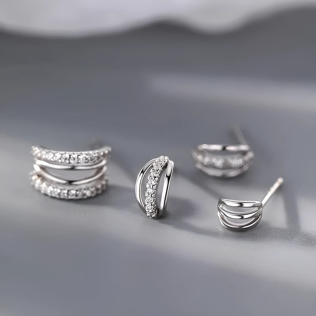 Geometry-shaped electroplated silver needle earrings in three size options