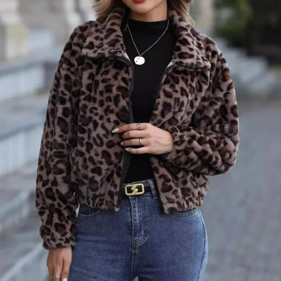 Women's loose fit leopard print plush coat with zipper front and raglan sleeves