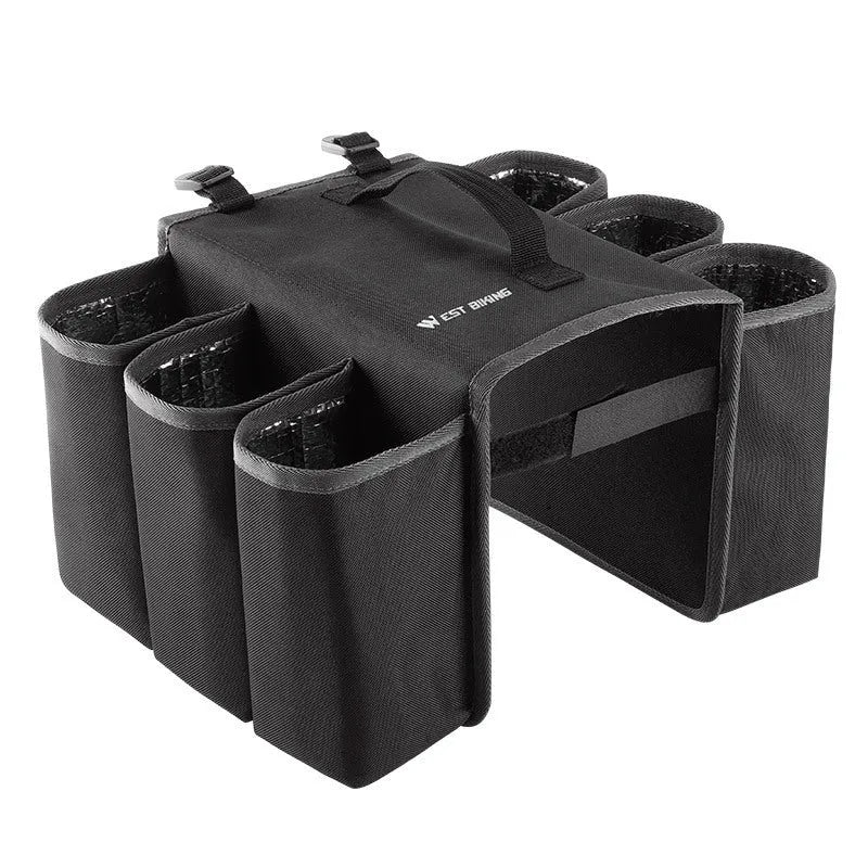Black bicycle double-sided drink shelf bag mounted on bike frame with 2L capacity