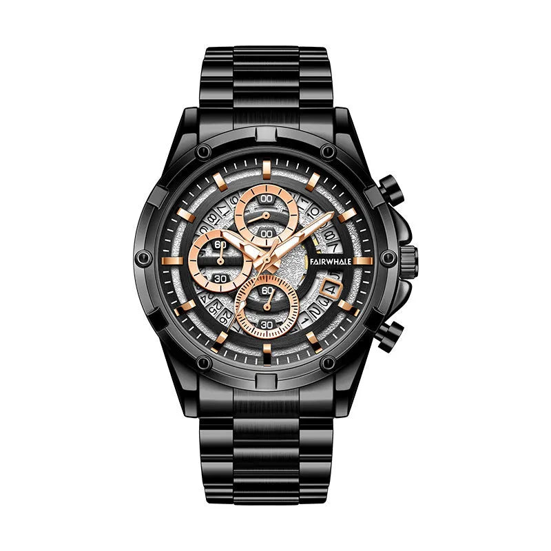 Men's waterproof luminous quartz watch with steel bracelet in black and blue, black and gold, or silver and white colour options