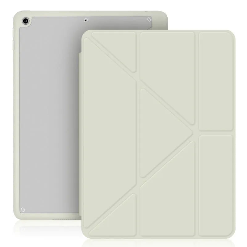 Acrylic Y folding iPad protective case in dark grey showing folding stand and built-in pen slot