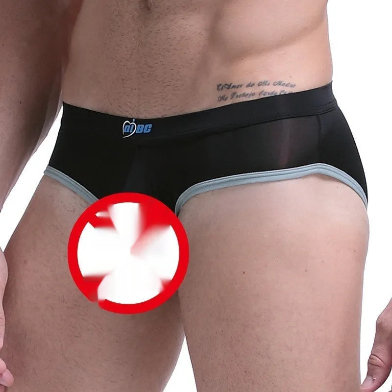 Men's mid-waist ice silk briefs in army green showing thin nylon fabric and bullet separation pouch design.