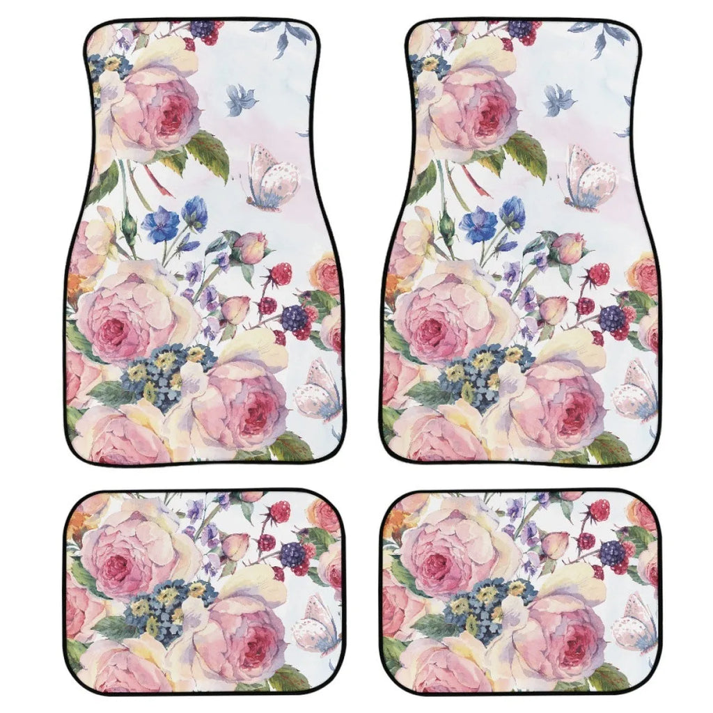 Black printed rubber car floor mat set, four pieces, 20mm thick, on a car interior floor.