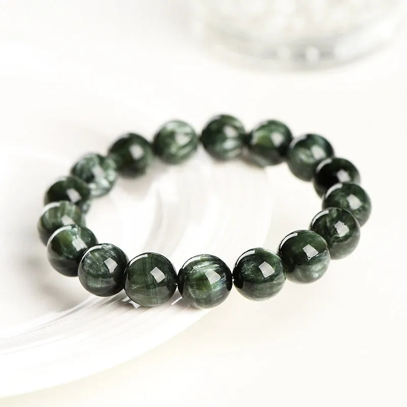 Natural green dragon crystal bracelet with 8-9mm round beads and Ruyi decorative elements