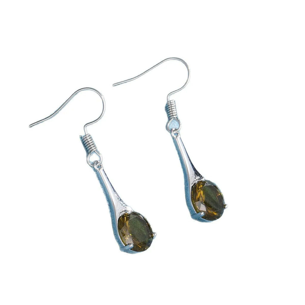 Olive green topaz earrings with water drop shape and electroplated alloy construction