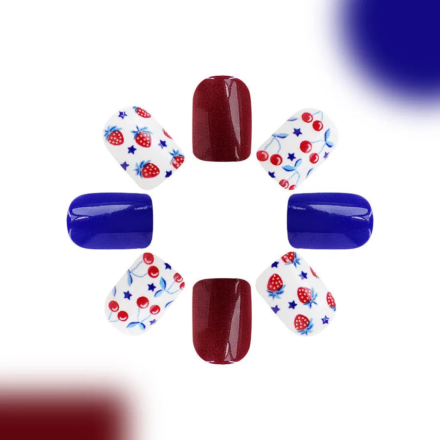 24 short glossy nail stickers with strawberry cherry Independence Day pattern in red and blue