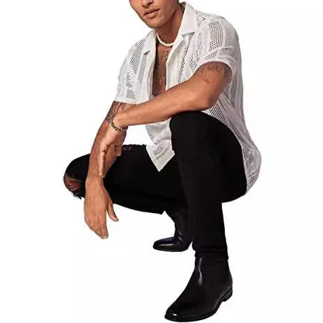 Men's white knitted short-sleeve button shirt with cardigan style street fashion design