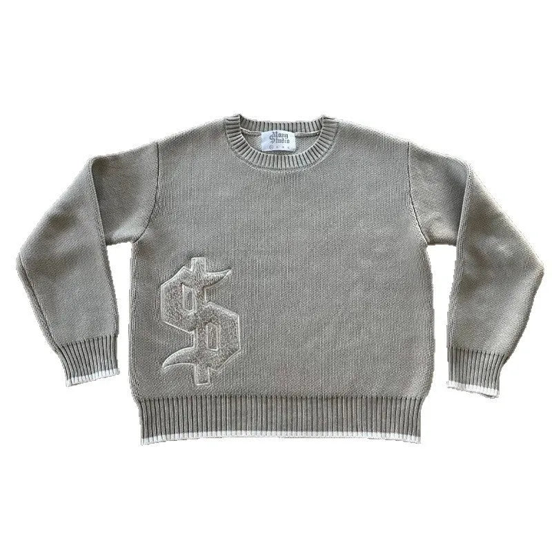 Grey loose-fitting jacquard pattern knitwear coat with long sleeves on hanger