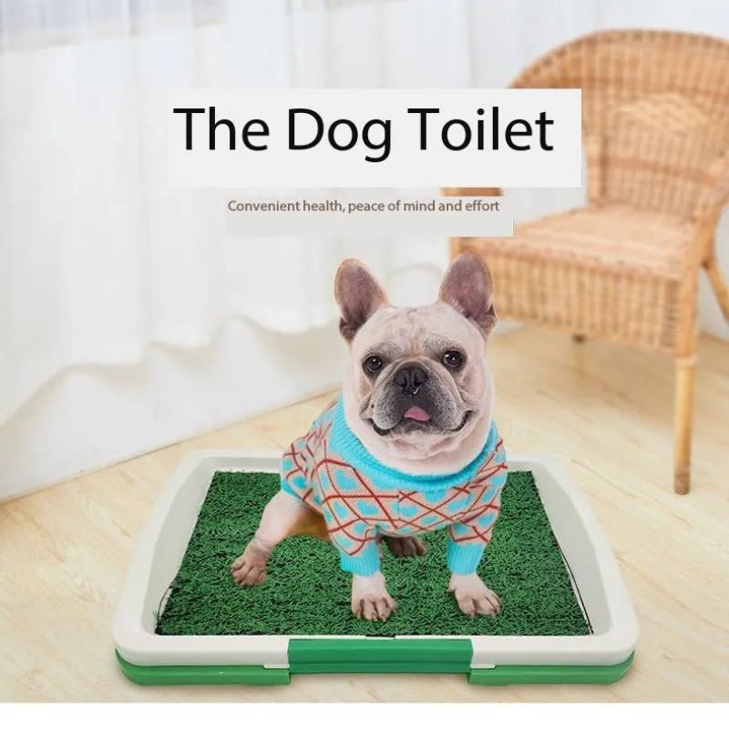 Green synthetic turf dog toilet trainer with three-layer plastic tray system for indoor use.