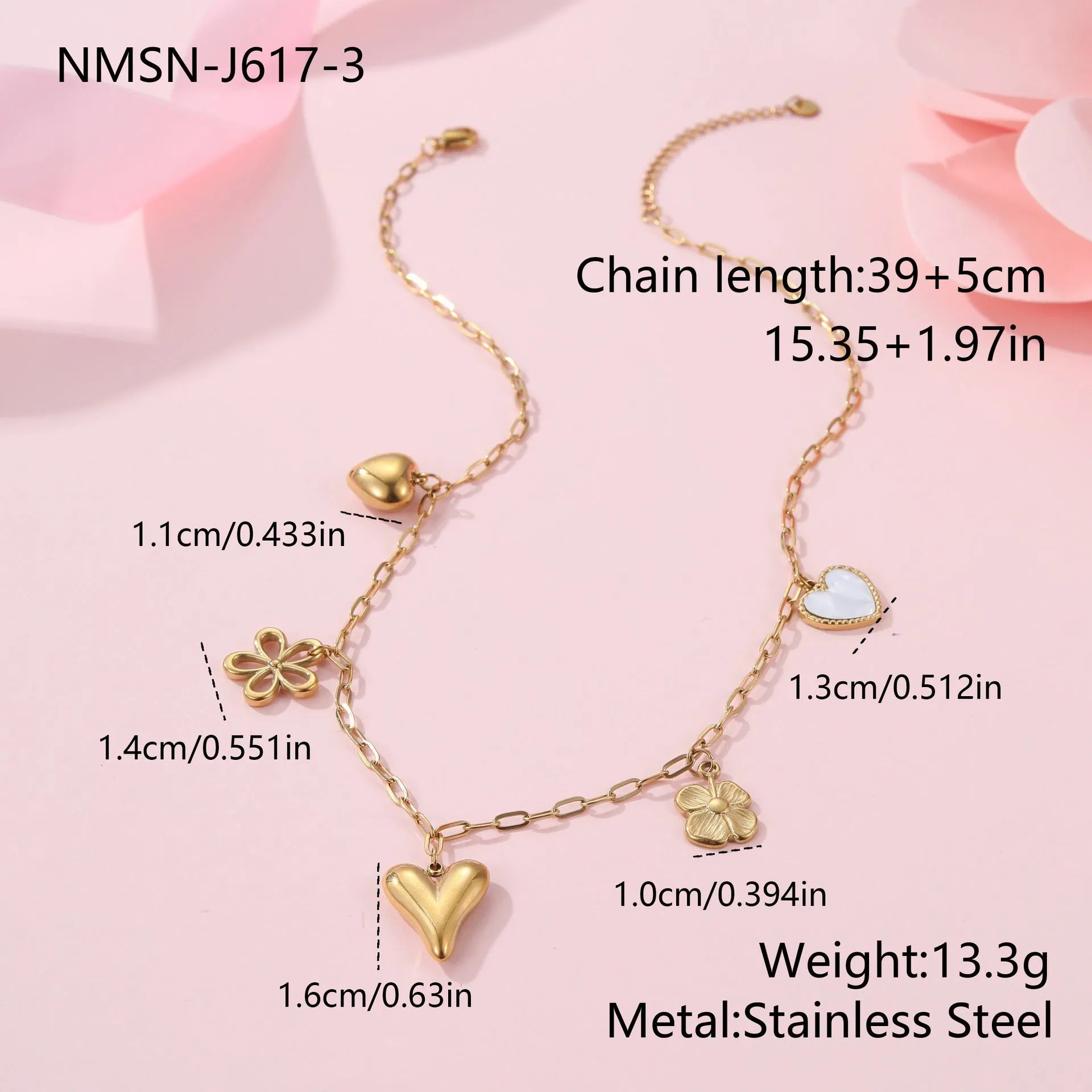 Stainless steel necklace with 18K gold electroplating and a geometric pendant, shown on a regular chain.