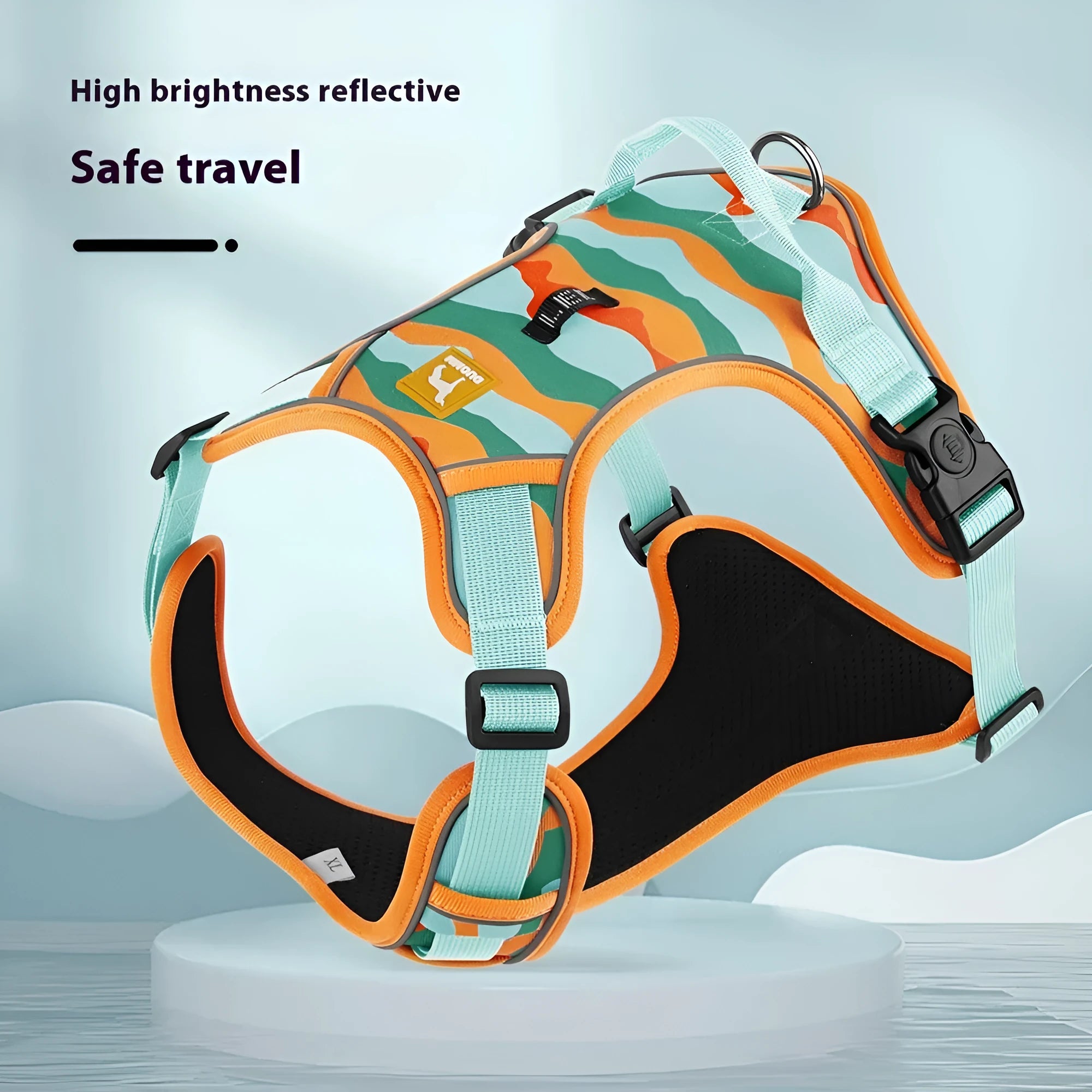 Orange Oxford cloth dog harness with reflective hand-holding rope on a dog's chest and back.
