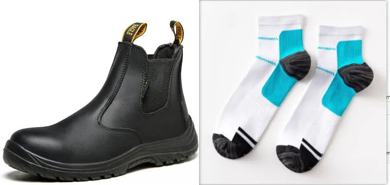 Black high-top leather safety work boots with anti-piercing soles on a plain background.
