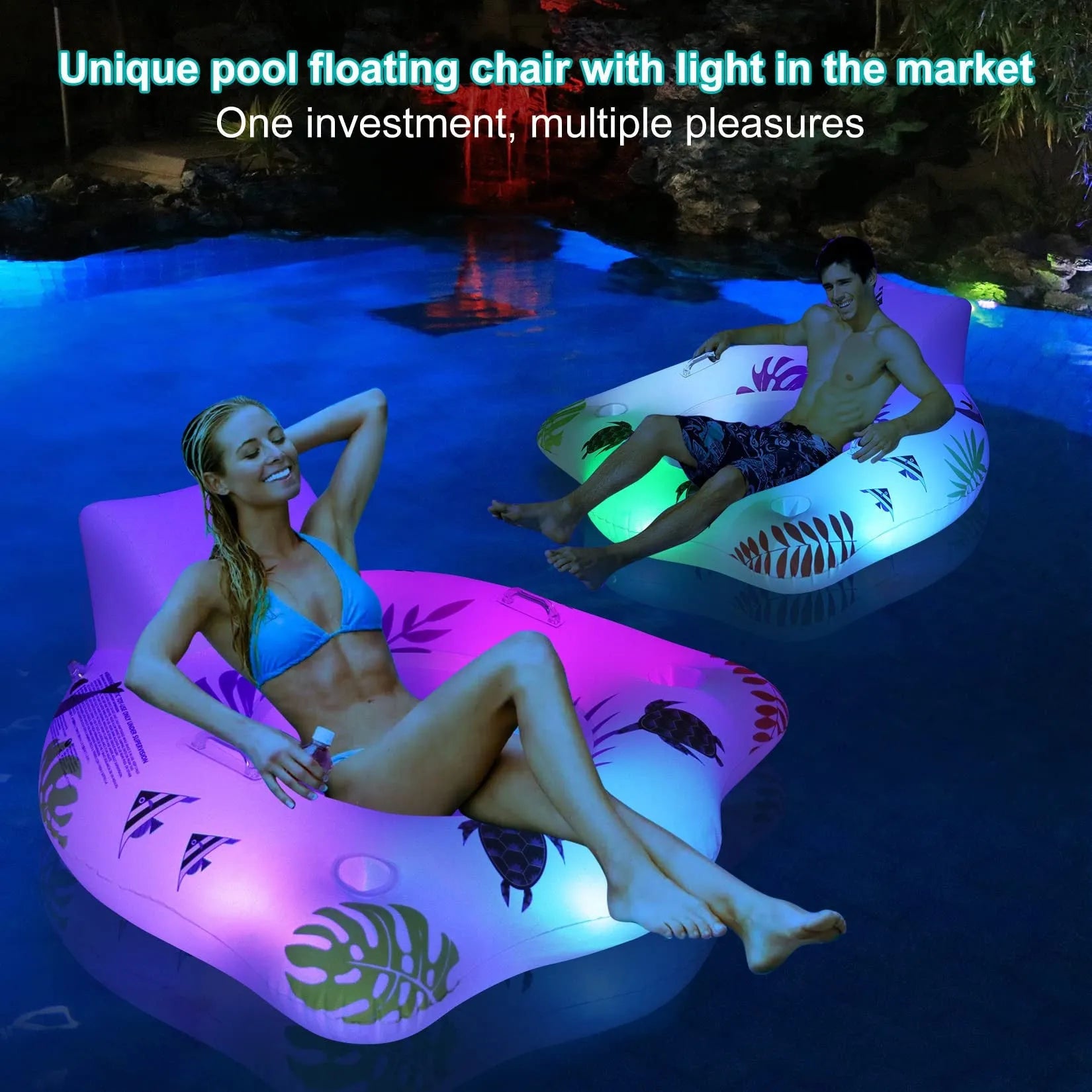 White U-shaped inflatable float with luminous features floating in water