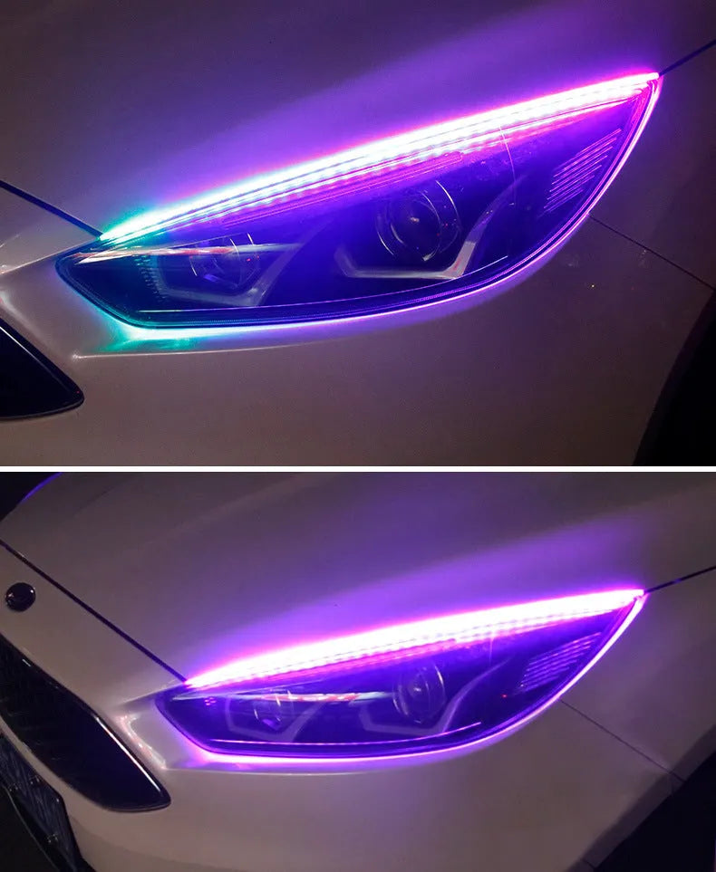 Universal car LED daytime running light strip with remote control for RGB colours, shown in 30cm, 45cm, and 60cm lengths.