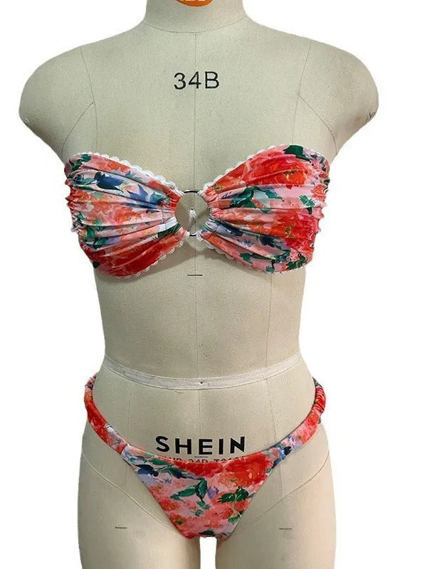 Women's tube top bikini set with lace trim in blue, yellow, pink, and floral print colours.
