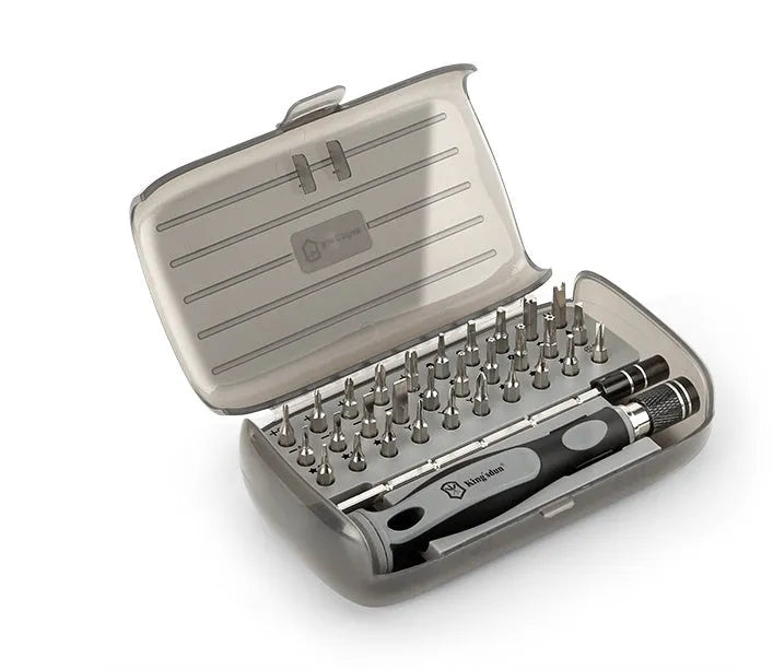 32 in 1 screwdriver set with bits in a black plastic storage case