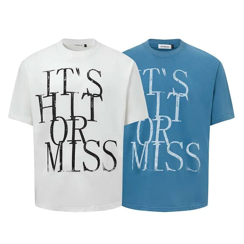 Men's blue American-style letter print loose fit cotton blend T-shirt on a hanger.