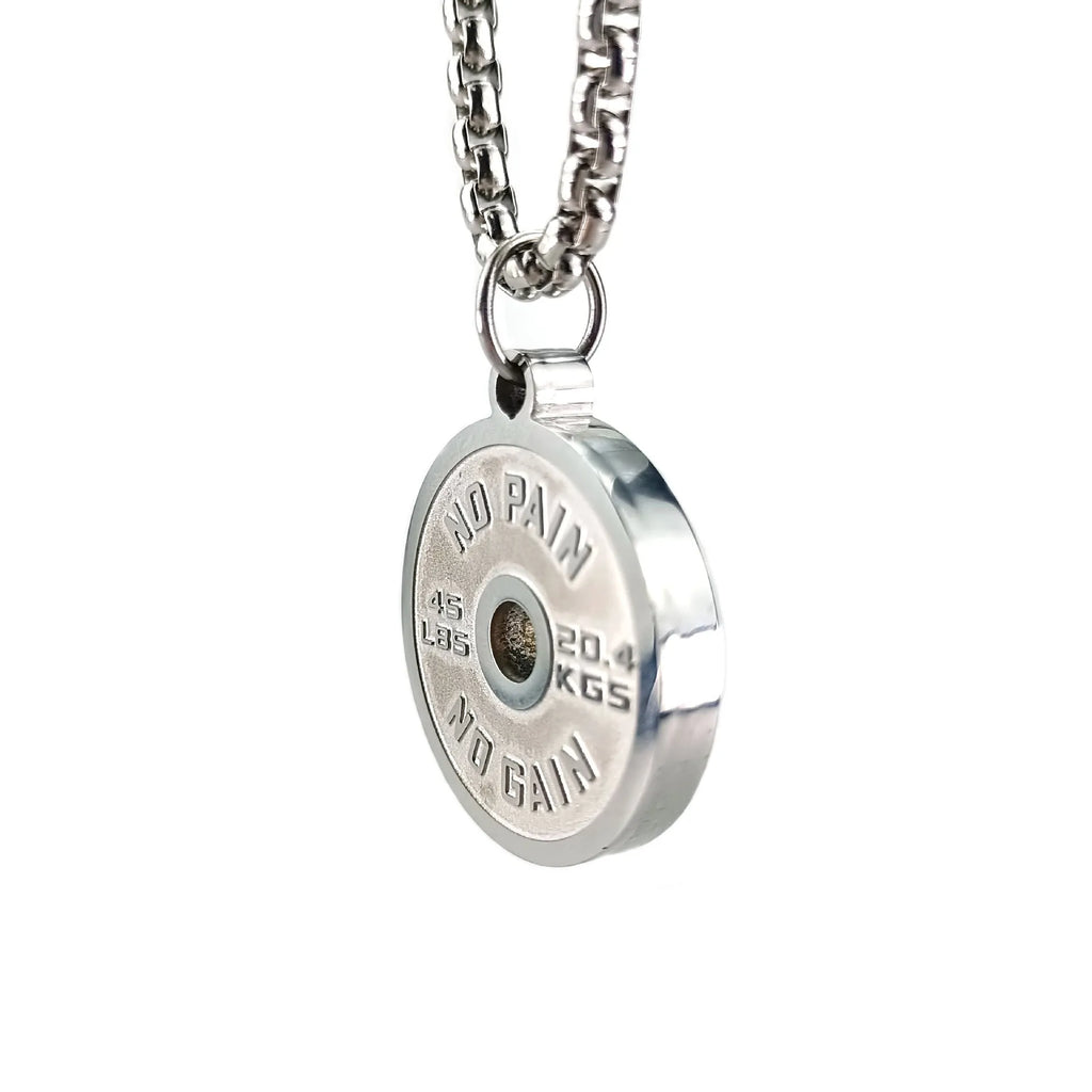 Stainless steel geometric barbell disk pendant on a 60cm black chain necklace.