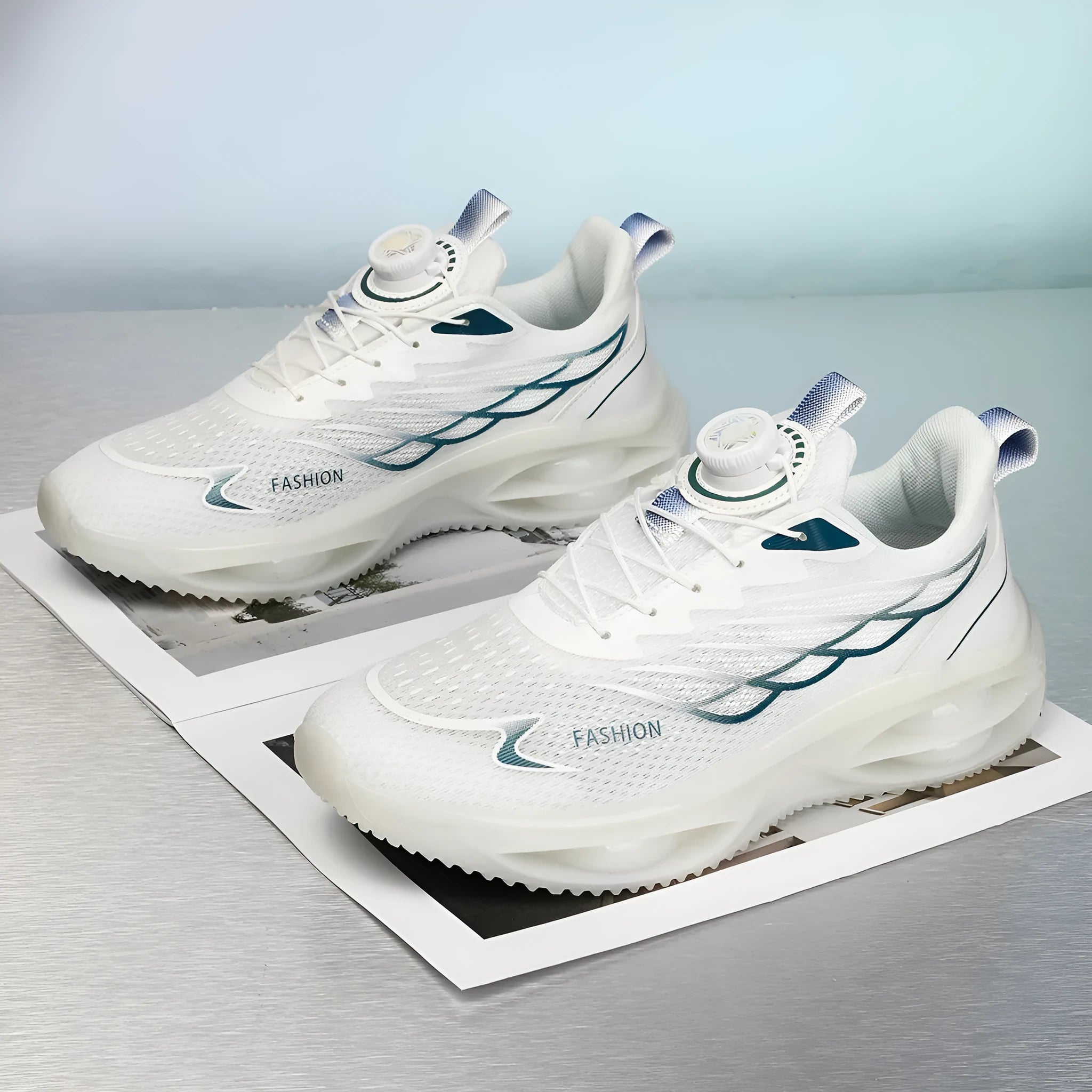 Casual breathable running shoes in sky blue with a PU mesh upper and flat rubber sole.