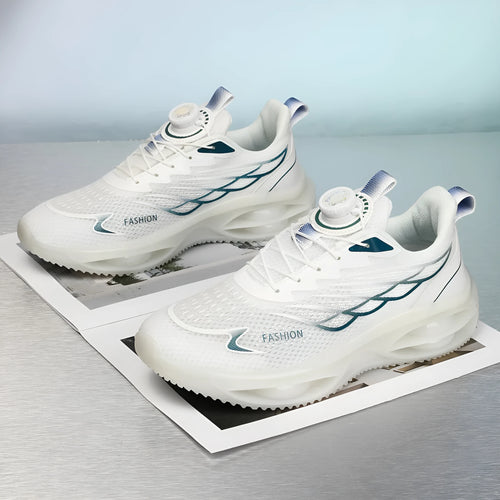 Casual breathable running shoes in sky blue with a PU mesh upper and flat rubber sole.