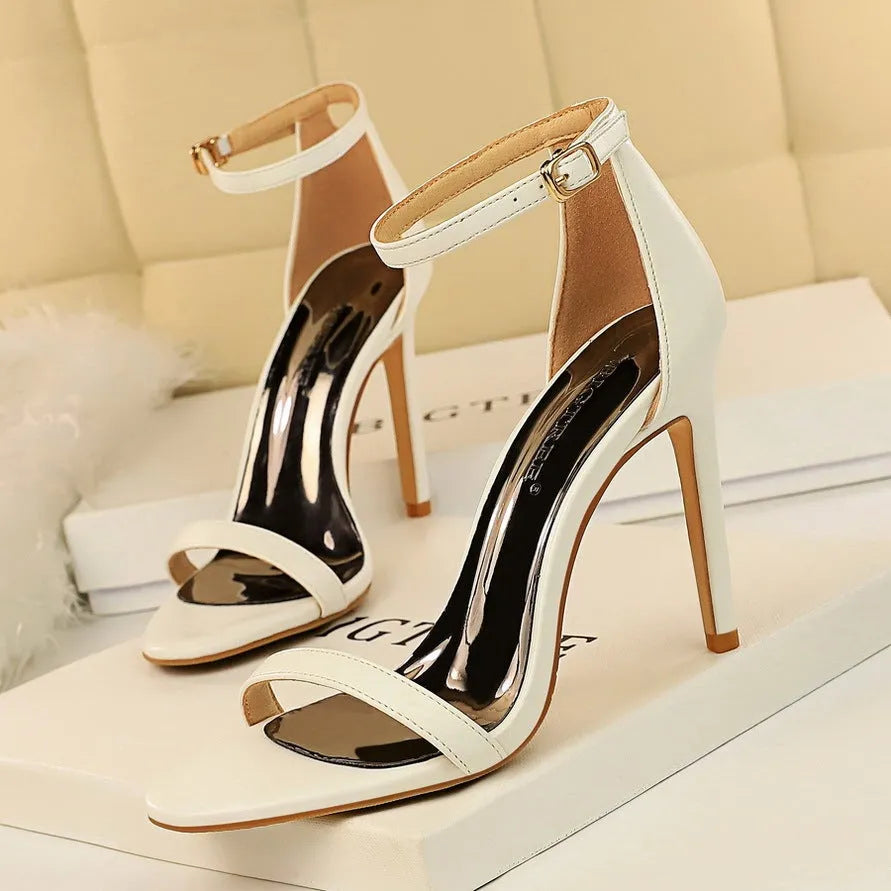 European style women's open toe ankle-strap high heels with buckle fastening in artificial PU