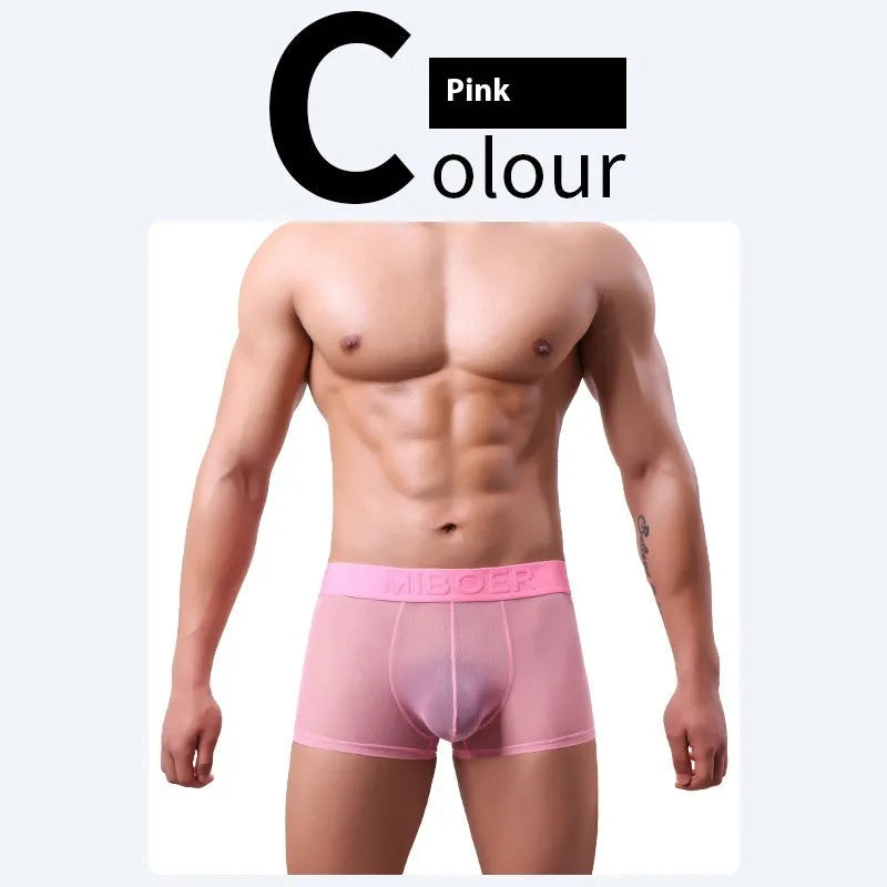Men's thin solid colour boxer shorts in quick-dry polyester fabric on a size chart.