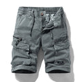 Men's army green cotton shorts with a zip fly and multiple pockets, shown in a Korean-style fifth pants length.