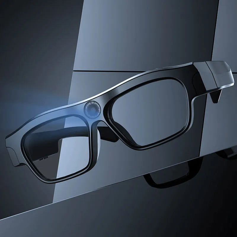 Black smart Bluetooth glasses with head-mounted video recording camera and touch button controls